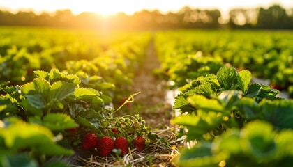 Sunset illuminates a vibrant strawberry field, rows of lush plants with ripe red berries