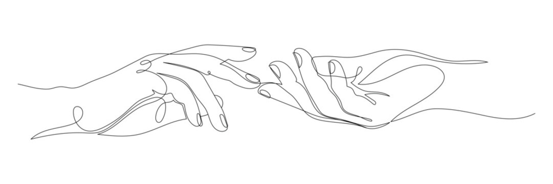 Editable line two hands reaching out one line vector illustration.