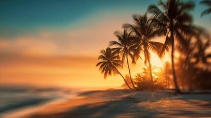 Fototapeta premium Stunning sunset view behind coconut palms on a serene beach, evoking tranquility and natural beauty.