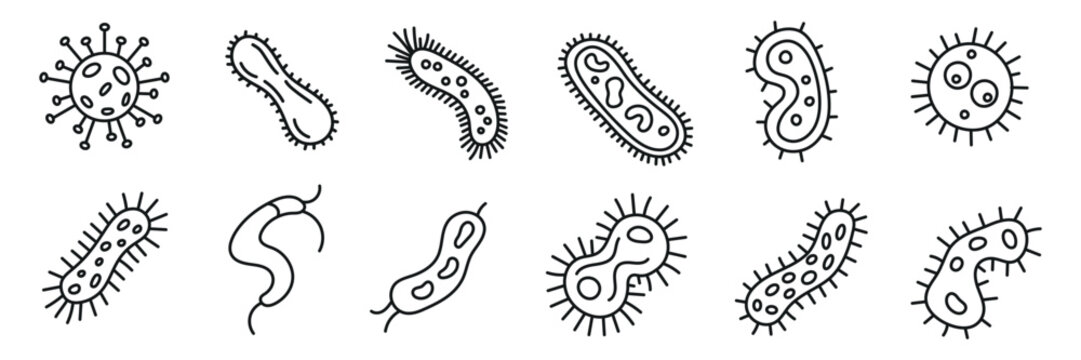Bacteria, microbe, virus outline vector icon set. Microscopic bacterium and bacillus collection, isolated on white background.