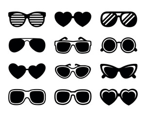 Sunglasses icons. Black sunglasses, glasses silhouette and retro glasses icon. . Set of vector symbols on white background.