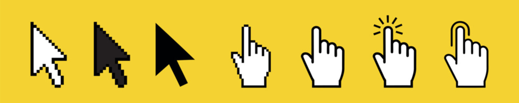 Mouse cursor set. Arrows web cursors, digital hand pointers. Arrow cursor pixel digital, web pointing and hourglass illustration.