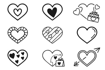 Collection of handdrawn heart icons isolated on white background, each with a unique design and style, representing love and affection