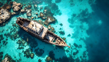 Aerial View of Abandoned Rusty Shipwreck in Crystal-Clear Turquoise Waters &ndash; Stunning Tropical Ocean Landscape with Coral Reefs and Shallow Sandbanks for Travel and Nature Photography Concepts
