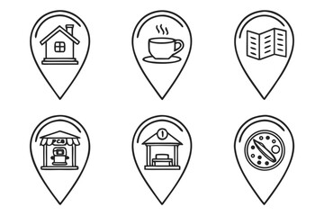 A set of location pin icons represents various places such as houses, coffee shops, and gas stations, isolated on white background