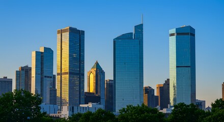 A panoramic view of a modern city skyline with tall skyscrapers and lush green trees in the foreground