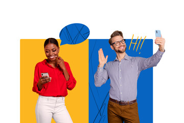 Creative poster banner picture young man lady two standing communicate phone call texting message wireless connection distance