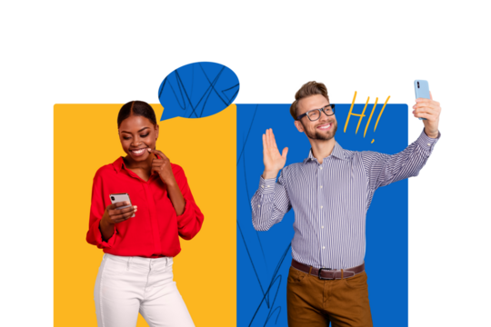 Creative poster banner picture young man lady two standing communicate phone call texting message wireless connection distance