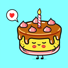 A smiling cartoon birthday cake with a candle and a thought bubble.