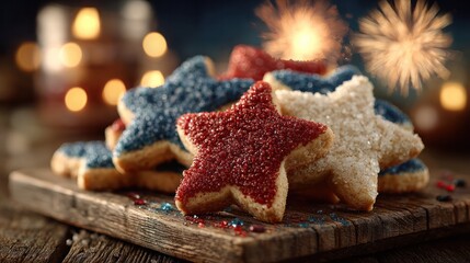 Patriotic cookies on wooden tray, red white and blue treats for Independence celebration