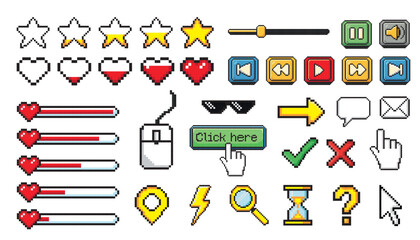 Pixel game menu buttons. Game 8 bit ui controller arrows, level and live bars, menu, stop, play buttons vector illustration set. Gaming menu buttons. Game interface pixel, gui 8-bit graphic. © dariachekman