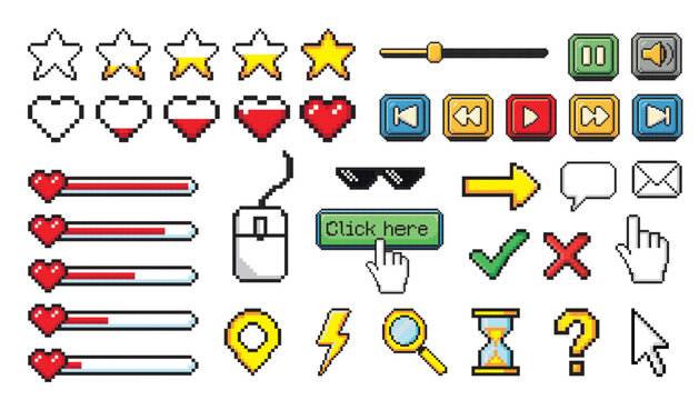 Pixel game menu buttons. Game 8 bit ui controller arrows, level and live bars, menu, stop, play buttons vector illustration set. Gaming menu buttons. Game interface pixel, gui 8-bit graphic.