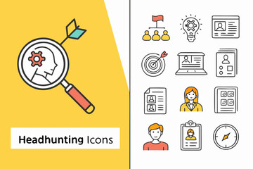 Headhunting and recruitment icons with magnifying glass isolated on white background