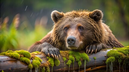 Grizzly Bear Resting on Mossy Log in Rain, Wildlife Photography, Serene Mood