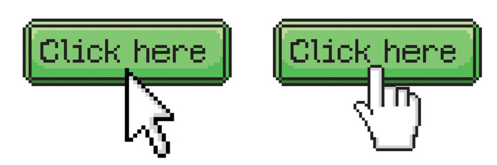 Click here button with hand icon. Pixel style vector