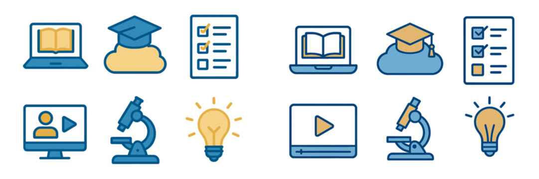 Educational icons representing various online learning activities and tools for students and educators