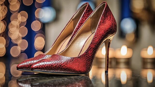 Elegant red snakeskin high heels showcased with bokeh lighting on a reflective surface