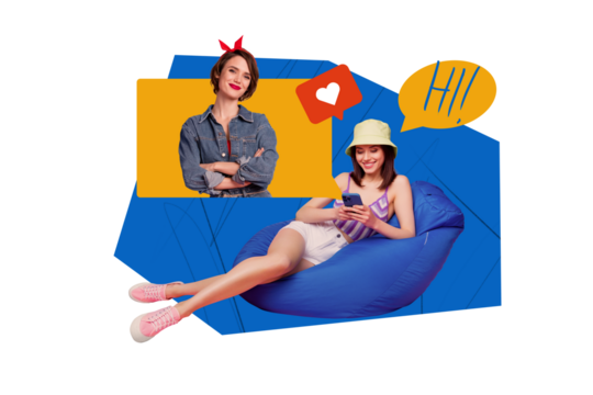 Creative collage picture illustration two incredible gorgeous young woman chat talk each other distance blue white background