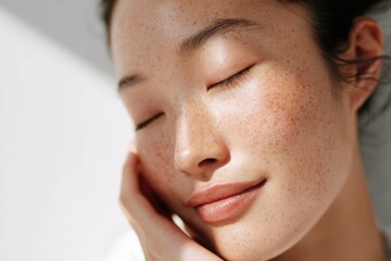 Woman with a serene expression and closed eyes. Her face is soft, lit by natural light showcasing her freckles.