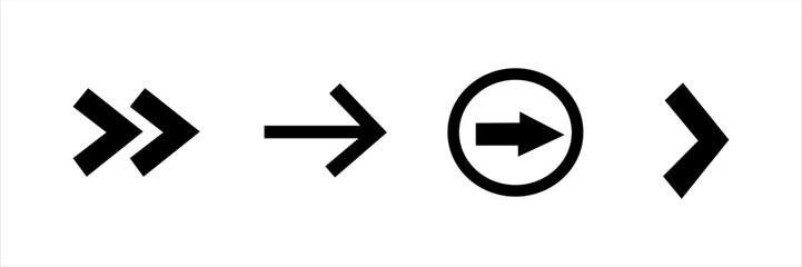 Set of right arrows in various bold styles. Flat black vector icons for navigation, next, forward, UI elements, web, interface, and digital design.