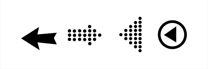 Set of left arrows in various dot and solid styles. Flat black vector icons for UI, navigation, rewind, direction, pointer, interface, or media control.