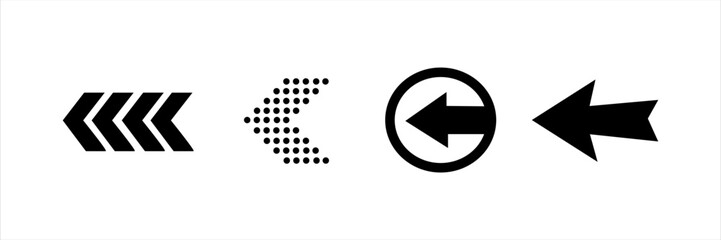 Set of black left arrows in various minimal styles. Flat vector icons for navigation, UI, web interface, pointer, rewind, motion, or direction.