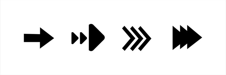 Set of black right arrows in different styles. Flat direction icons for fast forward, interface navigation, motion design, UI, or web development.