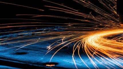 Fiery sparks flying from metal in active industrial workshop scene