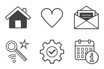 Set of line art icons including house, heart, email, magnifier, wifi, gear, and calendar isolated on white background