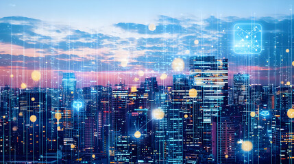 Digital Cityscape At Dusk With Network Connections