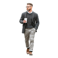 Stylish Man Walking Coffee in Hand Professional Attire Casual Chic City Lifestyle Photography isolated on transparent Background