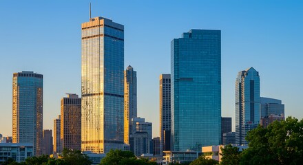 Cityscape featuring tall buildings and skyscrapers against a clear blue sky at golden hour light