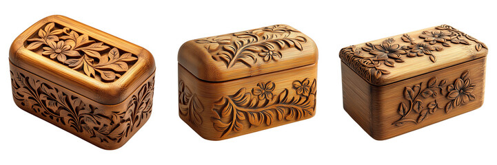 Handcrafted Bamboo Storage Box with Floral Carvings and Decorative Details Isolated on Transparent Background