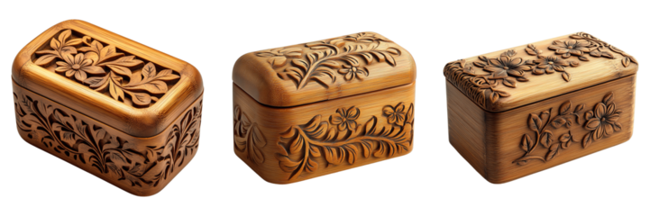Handcrafted Bamboo Storage Box with Floral Carvings and Decorative Details Isolated on Transparent Background