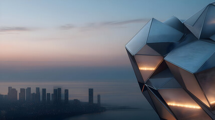 Modern Geometric Building At Sunrise Over City Skyline