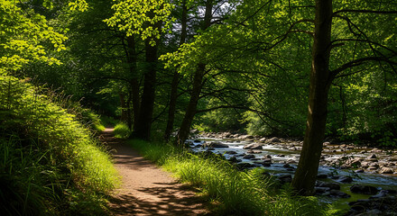 Obraz premium Scenic Pathway Alongside a Flowing River in a Verdant Forest Landscape Offering Tranquility and Natural Beauty for Outdoor Exploration and Relaxation
