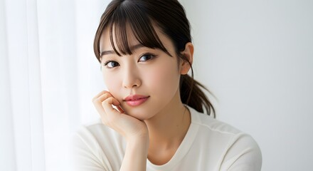 Portrait of a Young Asian Woman with Ponytail and Hand on Chin
