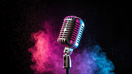 Vintage microphone with dynamic neon splash of pink and blue powder, perfect for music, podcasts, radio shows, and entertainment, on a black background