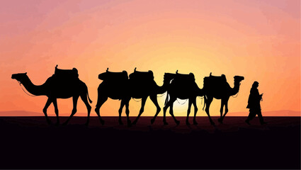 Obraz premium Silhouetted Camel Caravan at Sunset, Nomadic People Leading Camels Across Desert Landscape, Traditional Middle Eastern Journey, Warm Color Sky, Adventure Travel and Cultural Exploration