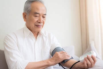Senior man measures blood pressure using a digital monitor at home, health and wellness management.