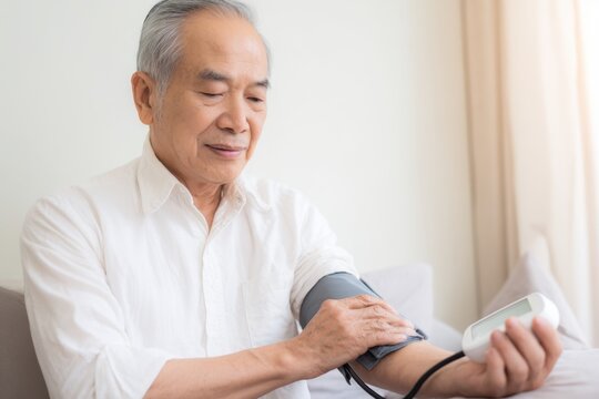 Senior man measures blood pressure using a digital monitor at home, health and wellness management.