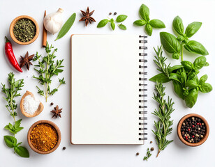 A vibrant flat lay of assorted herbs, spices, and seasonings framing a blank spiral notebook, ideal for culinary planning or recipe writing. Featuring chili, garlic, basil, star anise, and coarse salt
