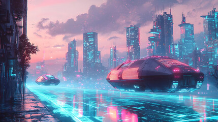 Futuristic Cityscape At Dusk With Neon Lights And Vehicles
