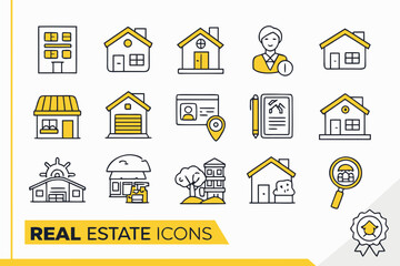Collection of real estate icons with houses and buildings isolated on white background