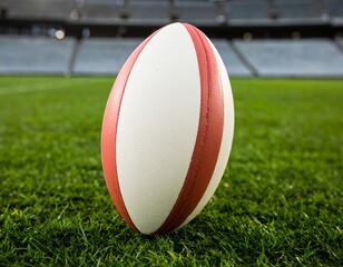 A rugby ball on a grass pitch