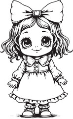 Cute Girl with a Big Bow: An adorable cartoon girl with an oversized bow, featuring cute big eyes, embodies innocence and charm in this expressive illustration. 