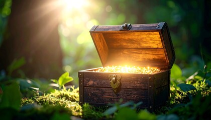 Sunlit wooden chest overflowing with gold coins rests on mossy forest ground
