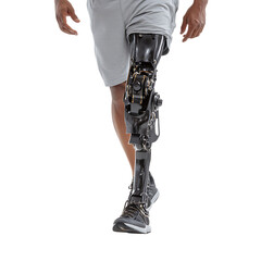 Advanced Prosthetic Leg A Man Walking with a Carbon Fiber Bionic Limb isolated on transparent Background