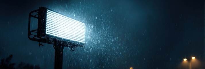 LED Panel Emits Light in Rain on Dark Street, Creating an Atmospheric Urban Backdrop at Night