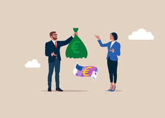 Upset businessman holding hold empty money bag. Broke human. No euro money. Modern flat vector illustration